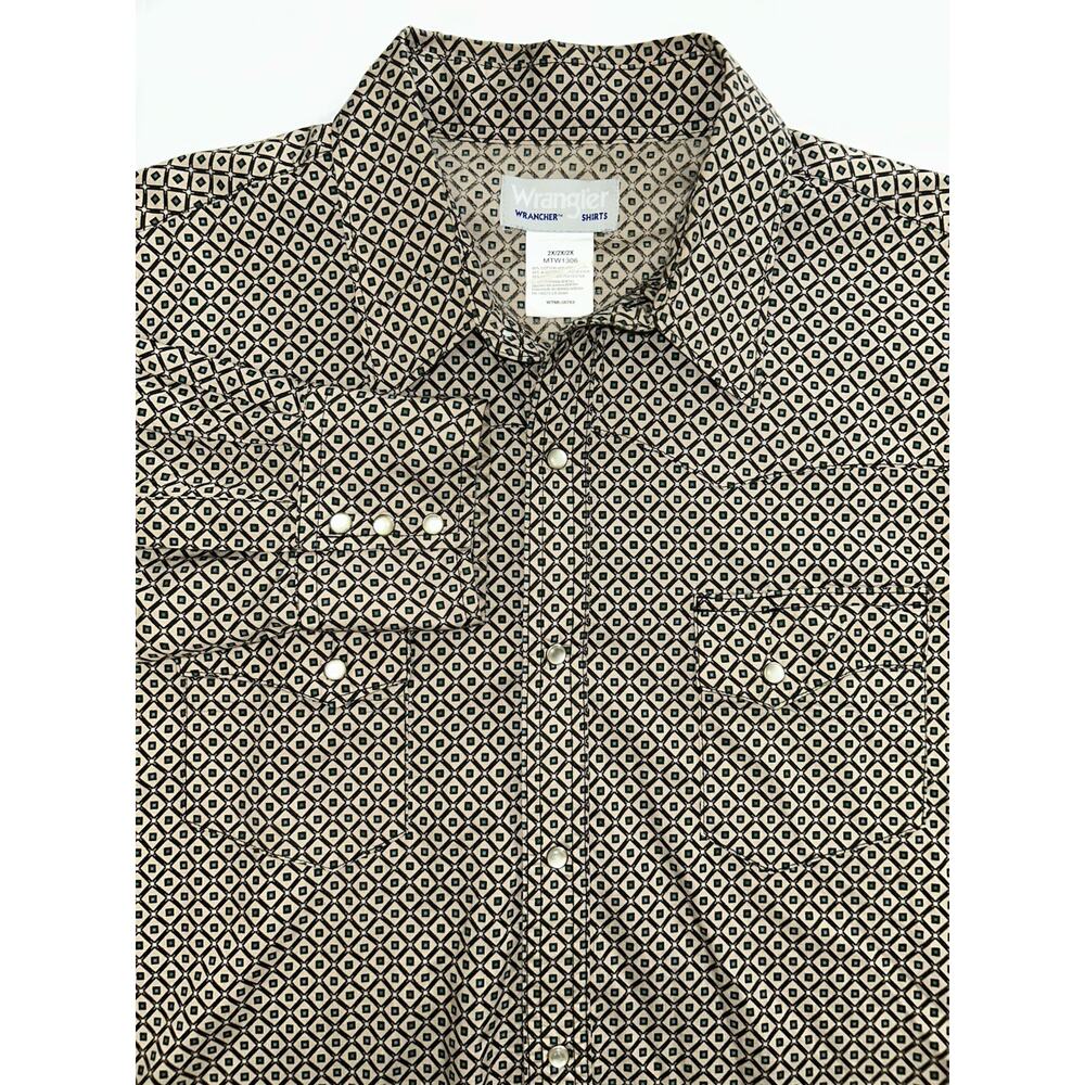 Wrangler Western Men’s Shirt Pearl Snaps Tan Green Black All-Over Print Size 2XL